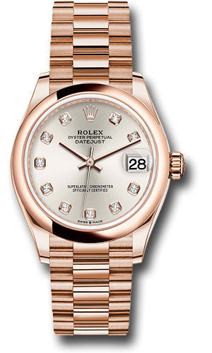 Rolex Everose Gold Datejust 31 Watch - Domed Bezel - Silver Diamond Dial - President Bracelet 278245 sdp