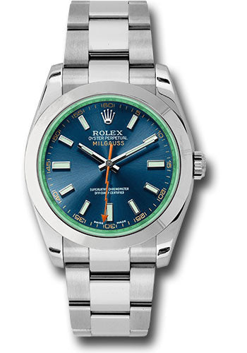 Rolex Steel Milgauss Watch - Blue Dial With Green Crystal - 116400GV blo