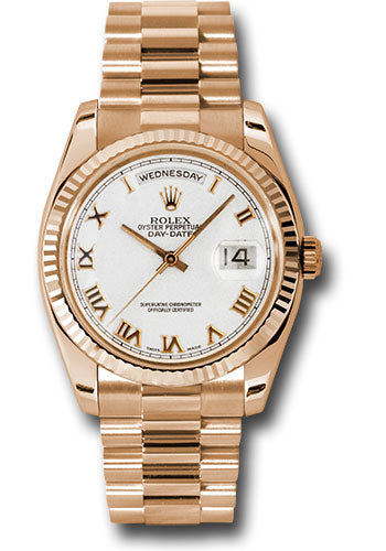 Rolex Pink Gold Day-Date 36 Watch - Fluted Bezel - White Roman Dial - President Bracelet - 118235 wrp