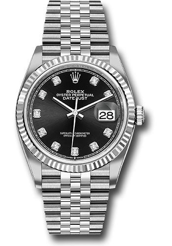 Rolex Steel Datejust 36 Watch - Fluted Bezel - Black Diamond Dial - Jubilee Bracelet - 126234 bkdj