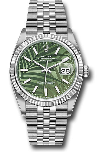 Rolex Rolex White Rolesor Datejust 36 Watch - Fluted Bezel - Olive Green Palm Motif Dial - Jubilee Bracelet - 2021 Release - 126234 ogpmij