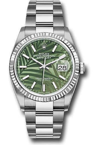 Rolex Rolex White Rolesor Datejust 36 Watch - Fluted Bezel - Olive Green Palm Motif Dial - Oyster Bracelet - 2021 Release - 126234 ogpmio