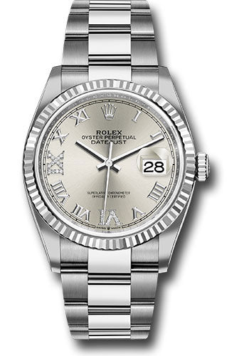 Rolex Steel Datejust 36 Watch - Fluted Bezel - Silver Diamond Roman VI and IX Dial - Oyster Bracelet - 126234 sdr69o