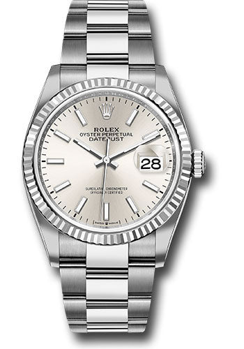 Rolex Steel Datejust 36 Watch - Fluted Bezel - Silver Index Dial - Oyster Bracelet - 126234 sio