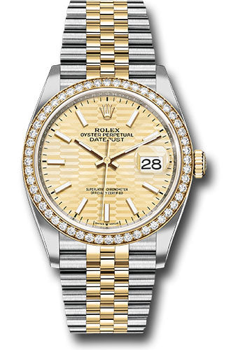 Rolex Yellow Rolesor Datejust 36 Watch - Diamond Bezel - Golden Fluted Motif Index Dial - Jubilee Bracelet - 126283rbr gflmij