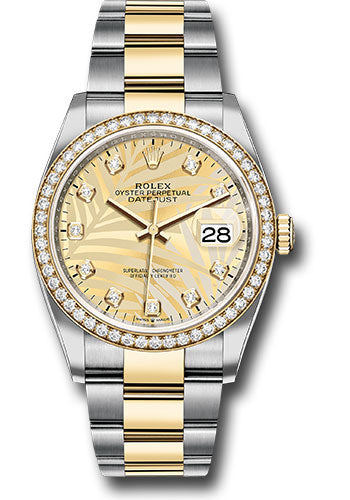 Rolex Yellow Rolesor Datejust 36 Watch - Diamond Bezel - Golden Palm Motif Diamond Dial - Oyster Bracelet - 126283rbr gpmdo