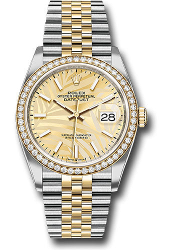 Rolex Yellow Rolesor Datejust 36 Watch - Diamond Bezel - Golden Palm Motif Index Dial - Jubilee Bracelet - 126283rbr gpmij