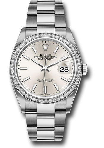 Rolex Steel Datejust 36 Watch - Diamond Bezel - Silver Index Dial - Oyster Bracelet - 126284RBR sio