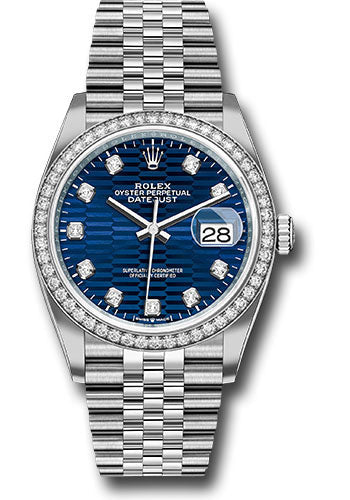 Rolex White Rolesor Datejust 36 Watch - Diamond Bezel - Bright Blue Fluted Motif Diamond Dial - Jubilee Bracelet - 126284rbr blflmdj