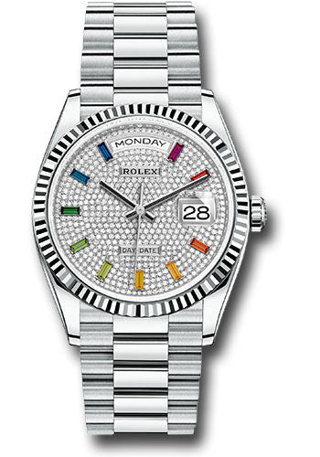 Rolex Platinum Day-Date 36 Watch - Fluted Bezel - Diamond-Paved Dial - President Bracelet - 128236 dprsp