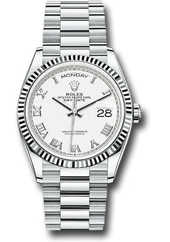 Rolex Platinum Day-Date 36 Watch - Fluted Bezel - White Roman Dial - President Bracelet - 128236 wrp