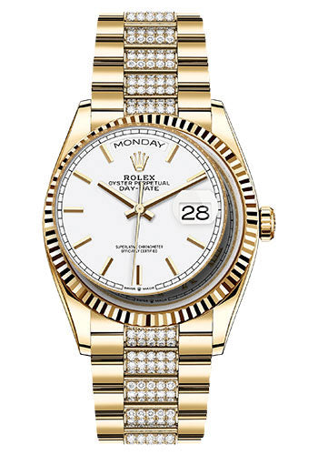 Rolex Yellow Gold Day-Date 36 Watch - Fluted Bezel - White Index Dial - Diamond President Bracelet - 128238 widp