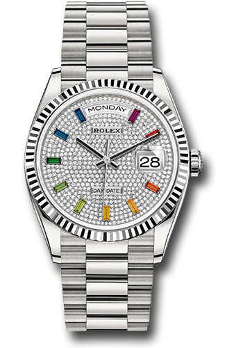 Rolex White Gold Day-Date 36 Watch - Fluted Bezel - Diamond Paved Rainbow Sapphire Dial - President Bracelet - 128239 dprsp