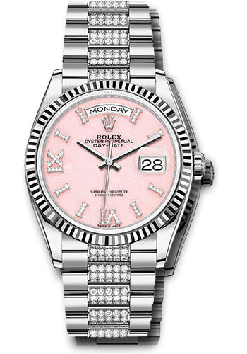 Rolex White Gold Day-Date 36 Watch - Fluted Bezel - Pink Opal Diamond Index Roman 9 Dial - Diamond President Bracelet - 128239 podidrdp