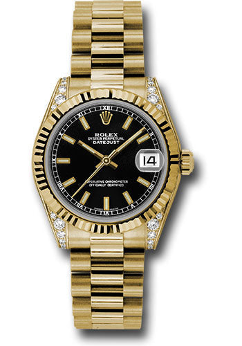 Rolex Yellow Gold Datejust 31 Watch - Fluted Bezel - Black Index Dial - President Bracelet 178238 bkip