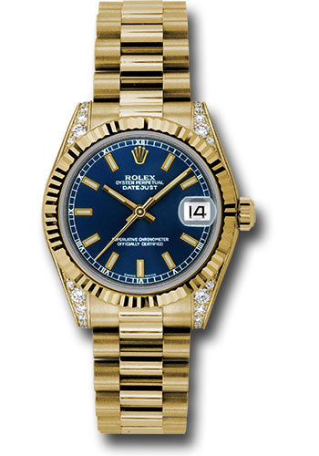 Rolex Yellow Gold Datejust 31 Watch - Fluted Bezel - Blue Index Dial - President Bracelet 178238 blip