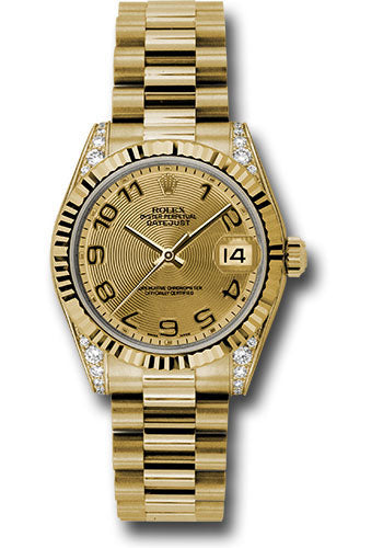 Rolex Yellow Gold Datejust 31 Watch - Fluted Bezel - Champagne Concentric Circle Arabic Dial - President Bracelet 178238 chcap