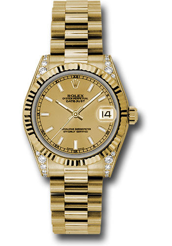 Rolex Yellow Gold Datejust 31 Watch - Fluted Bezel - Champagne Index Dial - President Bracelet 178238 chip