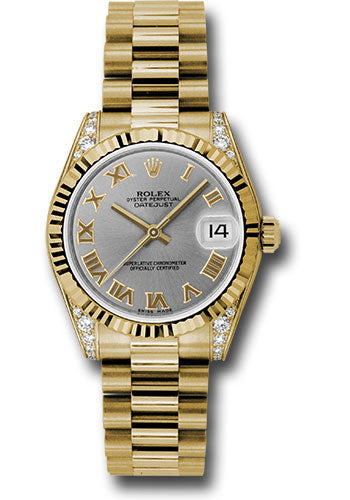 Rolex Yellow Gold Datejust 31 Watch - Fluted Bezel - Gray Roman Dial - President Bracelet 178238 grp