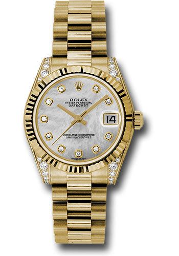 Rolex Yellow Gold Datejust 31 Watch - Fluted Bezel - Mother-Of-Pearl Diamond Dial - President Bracelet 178238 mdp