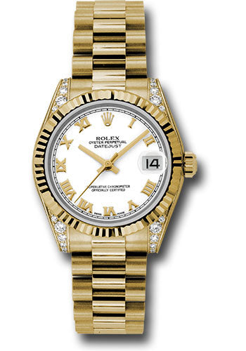 Rolex Yellow Gold Datejust 31 Watch - Fluted Bezel - White Roman Dial - President Bracelet 178238 wrp