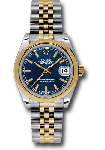 Rolex Steel and Yellow Gold Datejust 31 Watch - Domed Bezel - Blue Index Dial - Jubilee Bracelet 178243 blij