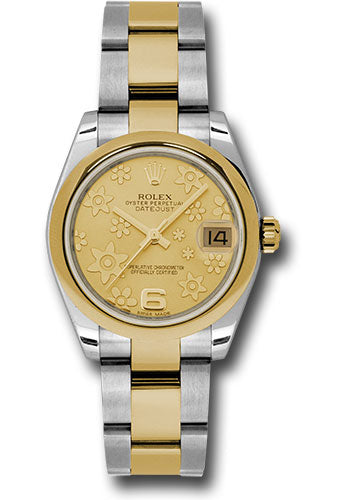 Rolex Steel and Yellow Gold Datejust 31 Watch - Domed Bezel - Champagne Floral Motif Dial - Oyster Bracelet 178243 chfo