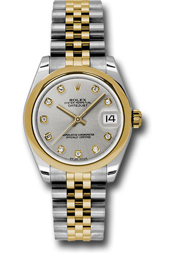 Rolex Steel and Yellow Gold Datejust 31 Watch - Domed Bezel - Silver Diamond Dial - Jubilee Bracelet 178243 sdj