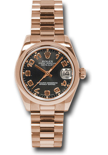 Rolex Pink Gold Datejust 31 Watch - Domed Bezel - Black Arabic Dial - President Bracelet 178245 bkap