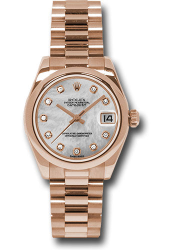 Rolex Pink Gold Datejust 31 Watch - Domed Bezel - Mother-Of-Pearl Diamond Dial - President Bracelet 178245 mdp