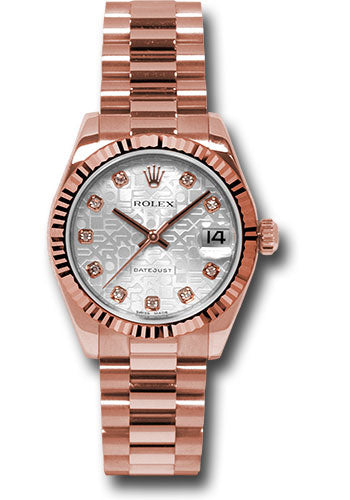 Rolex Pink Gold Datejust 31 Watch - Fluted Bezel - Silver Jubilee Diamond Dial - President Bracelet 178275 sjdp