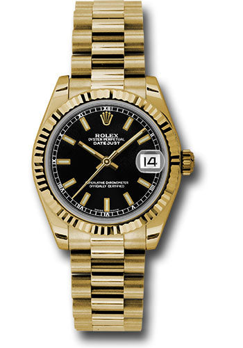 Rolex Yellow Gold Datejust 31 Watch - Fluted Bezel - Black Index Dial - President Bracelet 178278 bkip