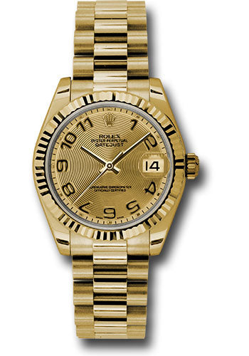 Rolex Yellow Gold Datejust 31 Watch - Fluted Bezel - Champagne Concentric Circle Arabic Dial - President Bracelet 178278 chcap