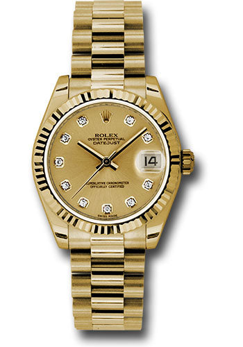 Rolex Yellow Gold Datejust 31 Watch - Fluted Bezel - Champagne Diamond Dial - President Bracelet 178278 chdp