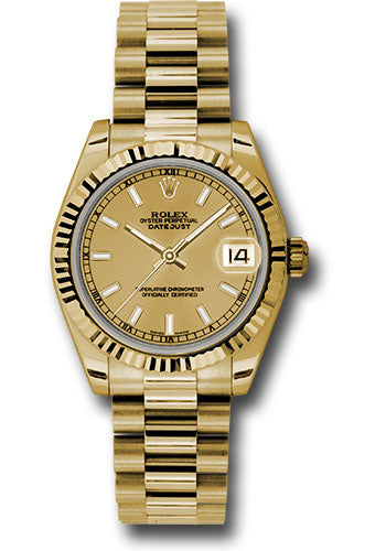 Rolex Yellow Gold Datejust 31 Watch - Fluted Bezel - Champagne Index Dial - President Bracelet 178278 chip