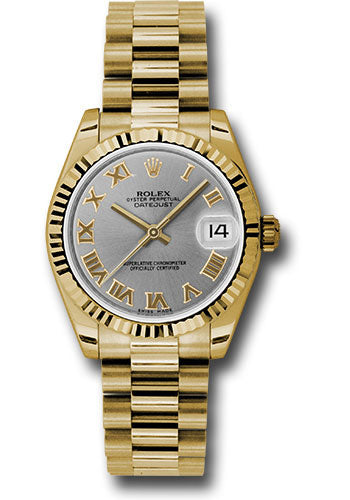 Rolex Yellow Gold Datejust 31 Watch - Fluted Bezel - Gray Roman Dial - President Bracelet 178278 grp