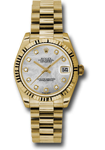 Rolex Yellow Gold Datejust 31 Watch - Fluted Bezel - Mother-Of-Pearl Diamond Dial - President Bracelet 178278 mdp