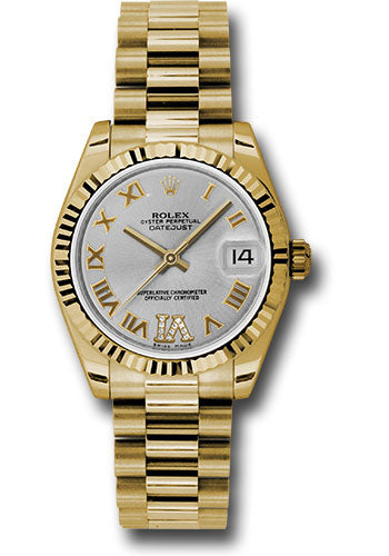 Rolex Yellow Gold Datejust 31 Watch - Fluted Bezel - Silver Diamond Roman Vi Roman Dial - President Bracelet 178278 sdrp