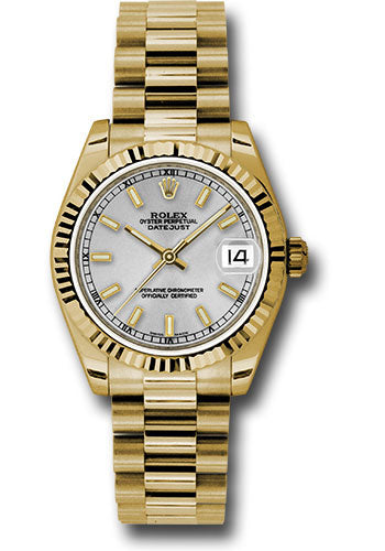 Rolex Yellow Gold Datejust 31 Watch - Fluted Bezel - Silver Diamond Roman Vi Index Dial - President Bracelet 178278 sip