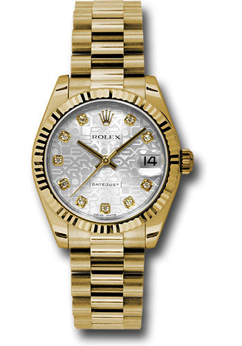 Rolex Yellow Gold Datejust 31 Watch - Fluted Bezel - Silver Jubilee Diamond Dial - President Bracelet 178278 sjdp