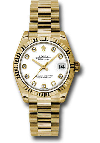 Rolex Yellow Gold Datejust 31 Watch - Fluted Bezel - White Diamond Dial - President Bracelet 178278 wdp