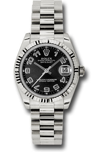 Rolex White Gold Datejust 31 Watch - Fluted Bezel - Black Concentric Circles Arabic Dial - President Bracelet 178279 bkcap