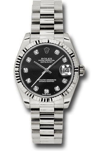 Rolex White Gold Datejust 31 Watch - Fluted Bezel - Black Diamond Dial - President Bracelet 178279 bkdp