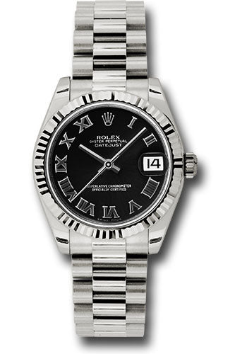 Rolex White Gold Datejust 31 Watch - Fluted Bezel - Black Roman Dial - President Bracelet 178279 bkrp