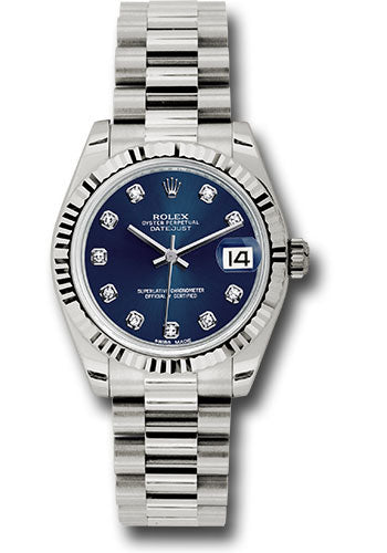 Rolex White Gold Datejust 31 Watch - Fluted Bezel - Blue Diamond Dial - President Bracelet 178279 bldp