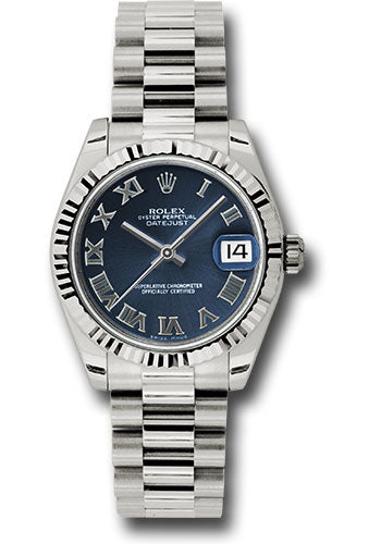 Rolex White Gold Datejust 31 Watch - Fluted Bezel - Blue Roman Dial - President Bracelet 178279 blrp