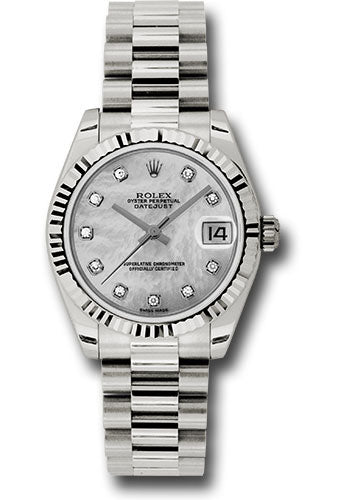 Rolex White Gold Datejust 31 Watch - Fluted Bezel - Mother-Of-Pearl Diamond Dial - President Bracelet 178279 mdp