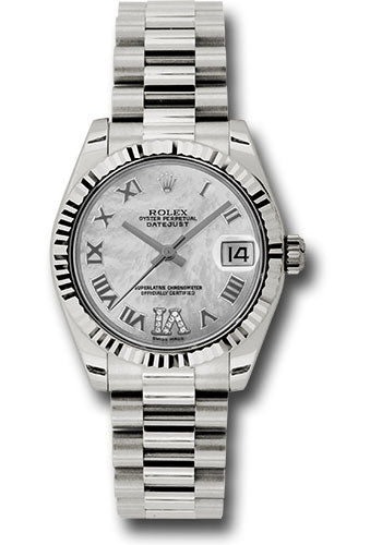 Rolex White Gold Datejust 31 Watch - Fluted Bezel - Mother-Of-Pearl Diamond Roman Vi Roman Dial - President Bracelet 178279 mdrp