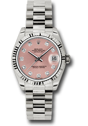 Rolex White Gold Datejust 31 Watch - Fluted Bezel - Pink Diamond Dial - President Bracelet 178279 pdp