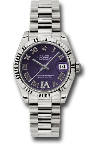 Rolex White Gold Datejust 31 Watch - Fluted Bezel - Purple Diamond Roman Vi Roman Dial - President Bracelet 178279 pdrp